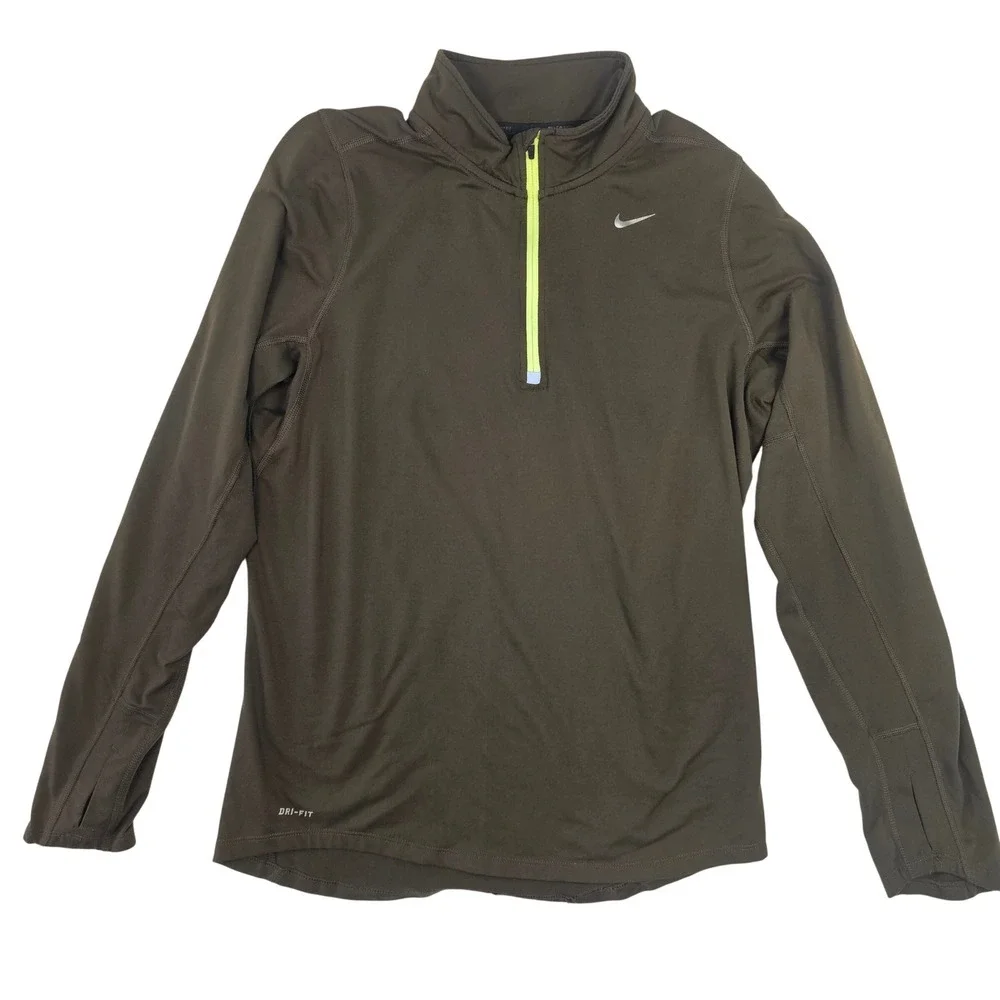 Nike Mens Dri-FIT Quarter Zip Pullover Olive Brown Neon Yellow Running Top S